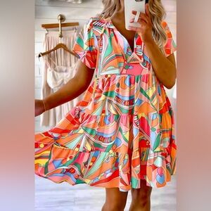 New! Colorful short sleeved tiered mini baby doll dress vibrant abstract print